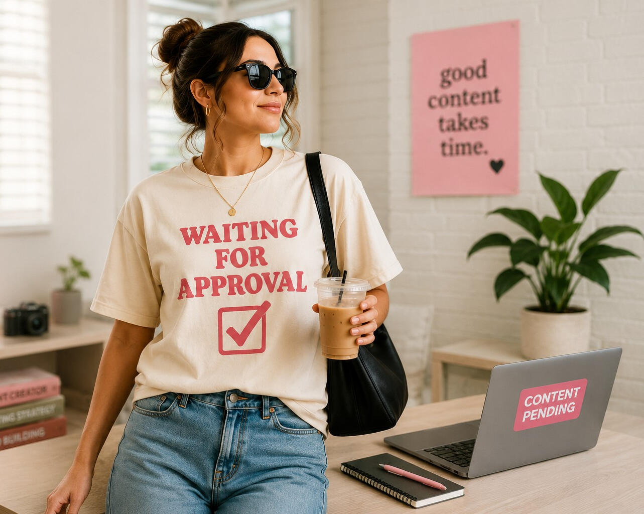 Picture of a content creator wearing her new shirt from Waiting To Post